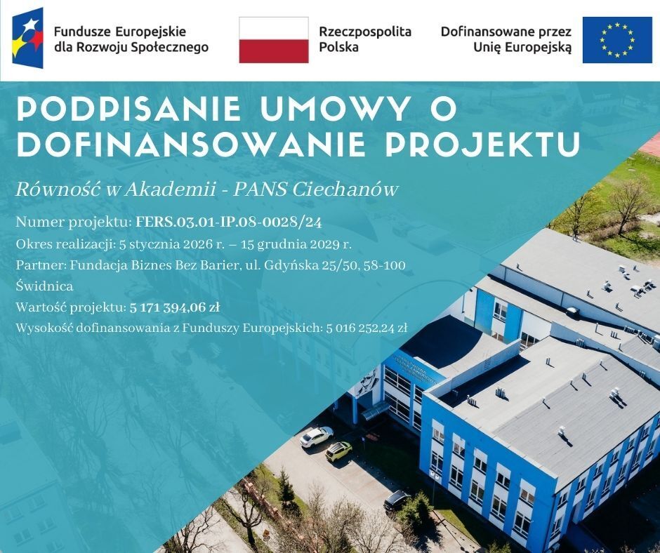 Umowa o dofinansowanie projektu Równość w Akademii – PANS Ciechanów